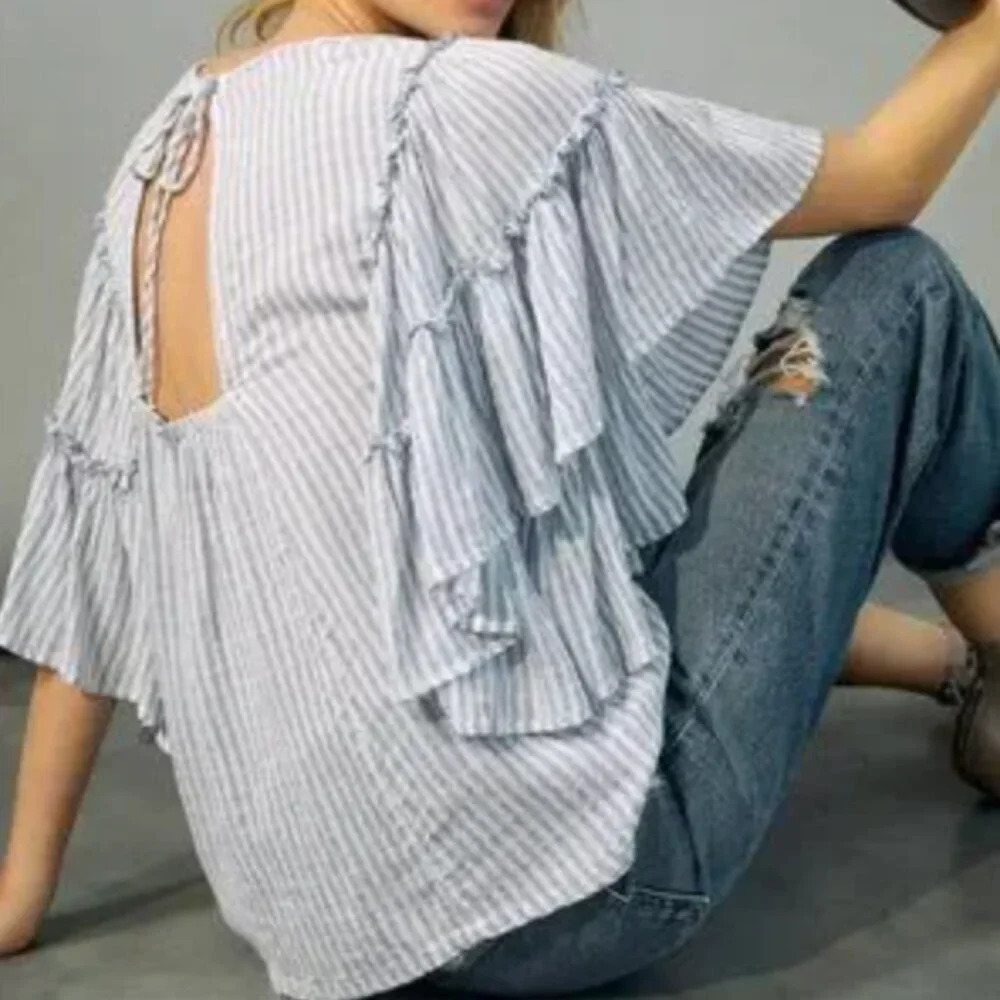 Anthropologie Pilcro Sybil Ruffle Sleeve Stripe Blouse (Small) - Picture 2 of 4